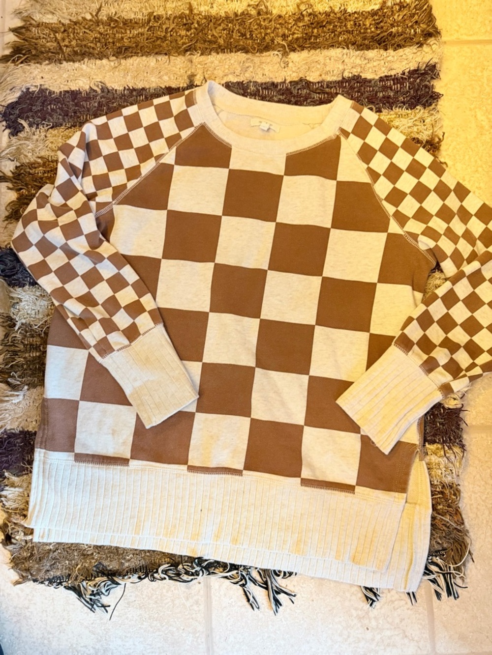 Maurices Beige and Brown Checkerboard Pullover small Sweatshirt